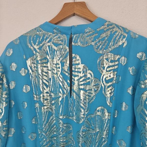 Lilly Pulitzer Nwot Joella Silk Mini Long Sleeve Metallic A Line Bermuda Blue 14 - Picture 13 of 16